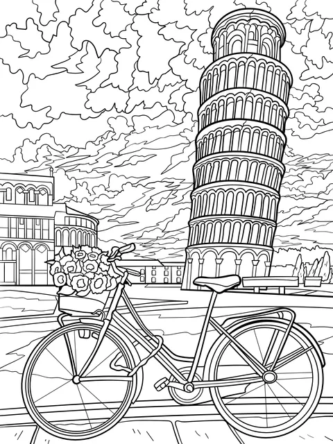 Bicycle and Sunflowers beside the Leaning Tower of Pisa
