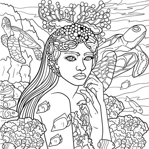 Ocean Goddess with Turtles and School of Fish