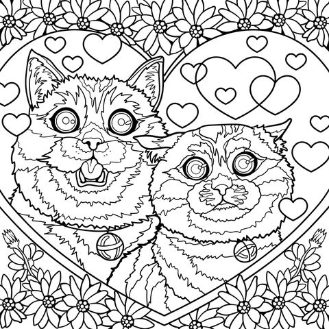 Ilustración Adorable de Gatos y Corazones