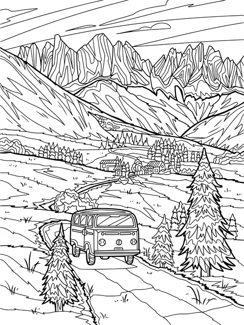 An orange van on a mountain road