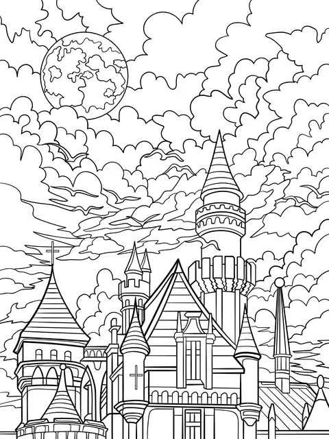 Dreamy Castle with Colorful Clouds and Moon