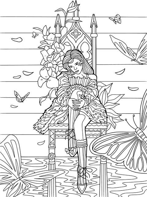 A girl sitting on a throne surrounded by flowers and butterflies