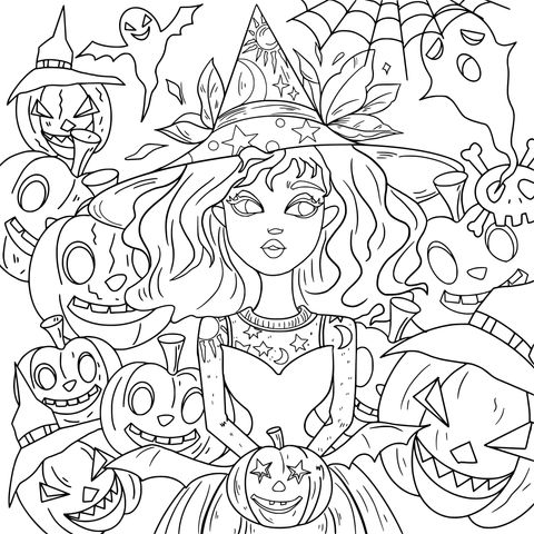 Bruja y calabazas de Halloween