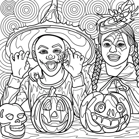 People in Halloween costumes and jack - o'- lanterns