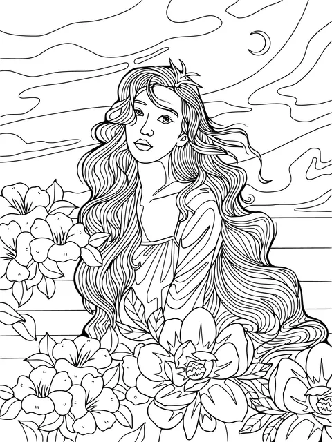 Long - haired woman among flowers
