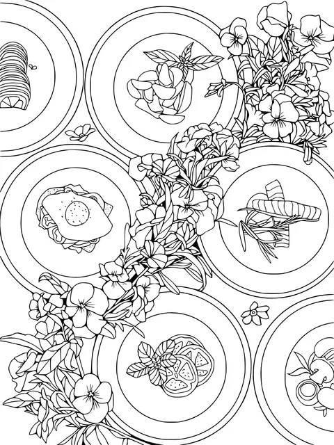 Colorful Plates of Delicacies Surrounded by Flowers