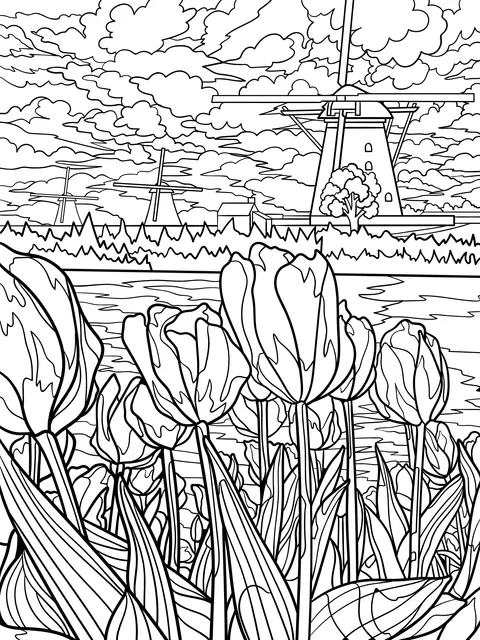 Beautiful Scenery of Tulips and Windmills