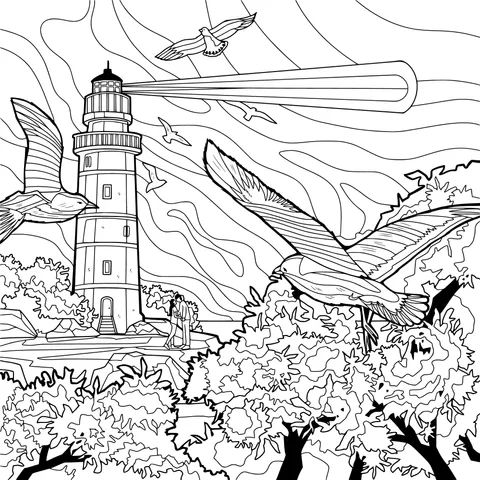 Lighthouse and Seagulls under the Starry Sky