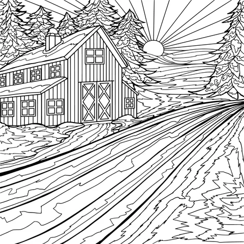 Snowy Cabin and Sunset in Winter