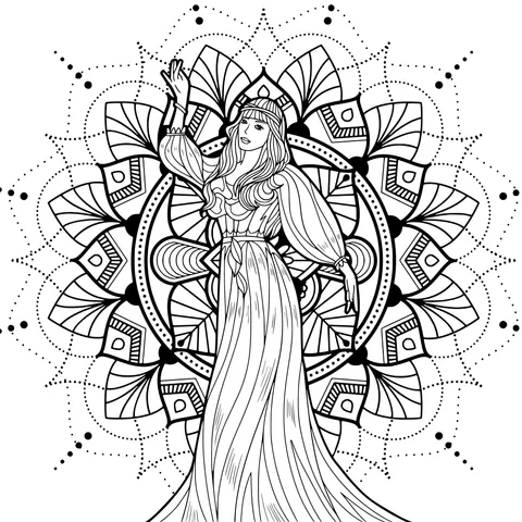 Dreamy Woman in Long Dress and Mandala Pattern