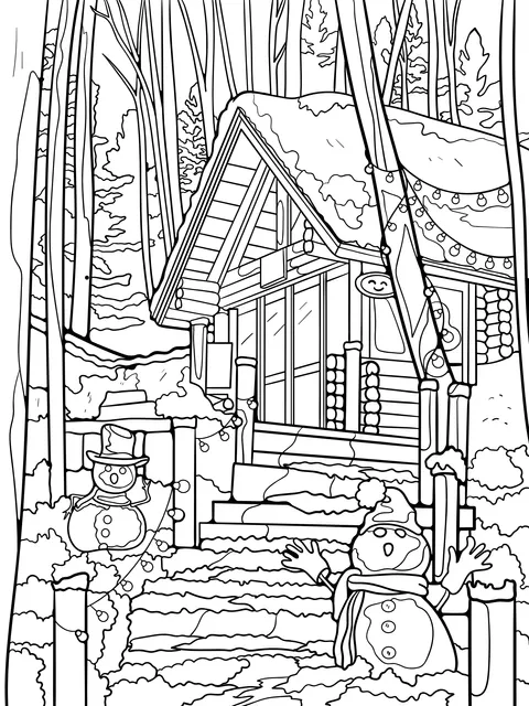 Cozy Log - cabin and Snowmen in the Snowy Night