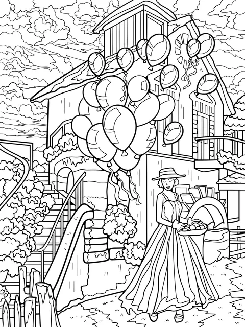 Woman with Basket and House of Colorful Balloons
