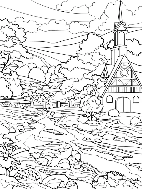 Colorful Church Scene by the Stream