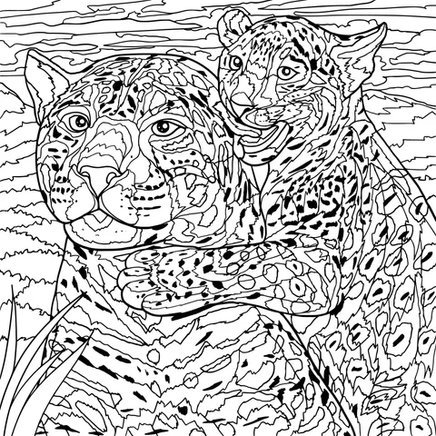 Intimate jaguar mother and cub