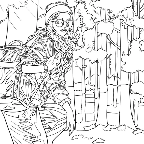 A Girl with a Backpack in an Autumn Forest