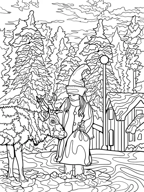 A girl accompanied by a reindeer in winter