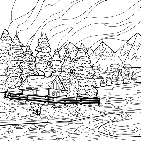 Beautiful Winter Village Scene under the Northern Lights
