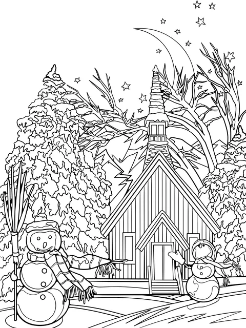 Snowmen and Church in the Winter Night