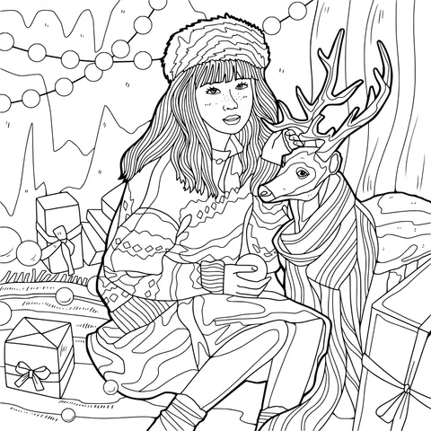 A Cozy Moment between a Girl and a Fawn