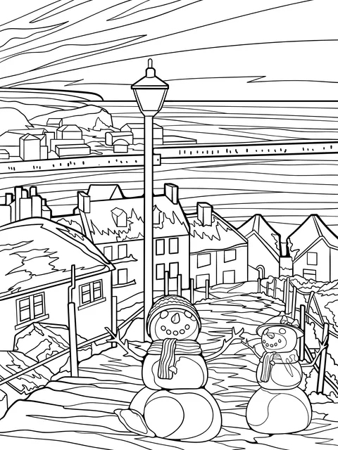 Snowmen Scene in a Winter Town