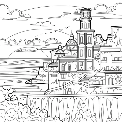 Seaside Town at Sunset