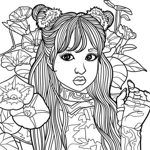 Girl with Blue Hair and Flower Ornaments