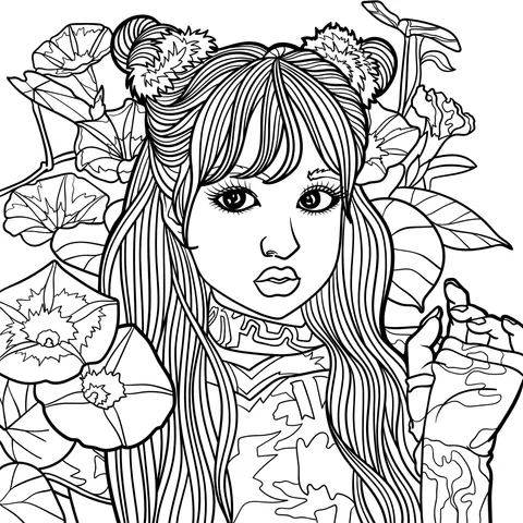 Girl with Blue Hair and Flower Ornaments