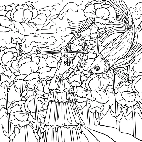 A woman playing the violin among flowers and a goldfish