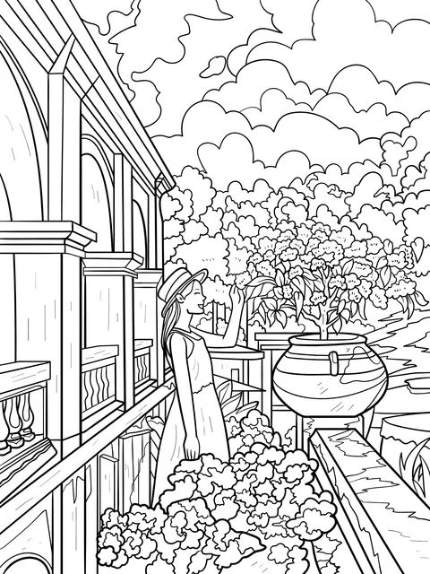A woman enjoying flowers on the balcony