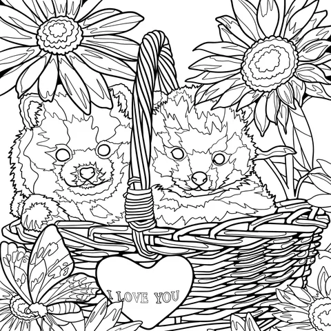 Loving Puppies and Sunflowers in a Basket