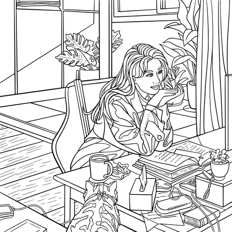 A Lady and a Cat in Front of a Desk