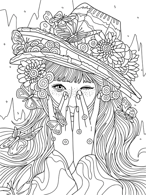 Playful Girl under a Floral and Butterfly - Adorned Hat