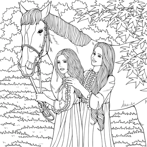 Two Women and a Horse in an Autumn Scene