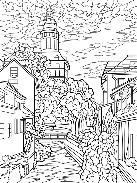 Scenery of a riverside town