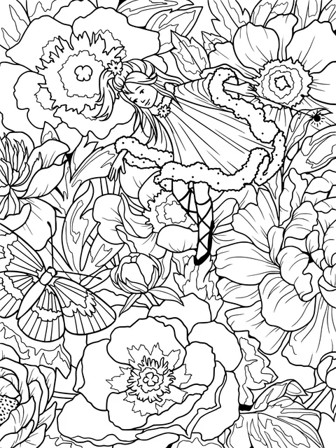 Girl and Butterfly in the Flower Bed