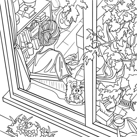 A woman reading leisurely by the window with a dog