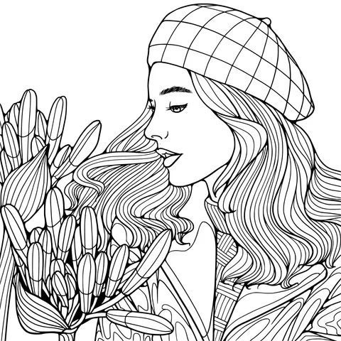 Woman Admiring Purple Flowers