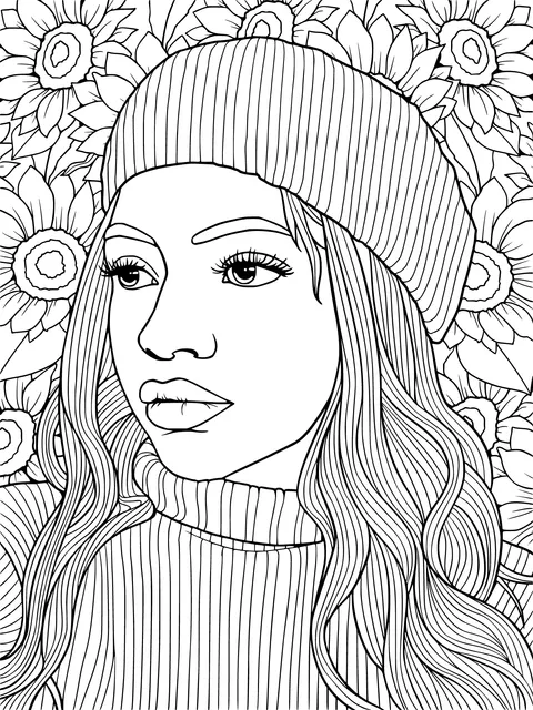 Woman in purple clothes and hat with sunflowers