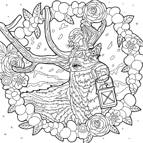 Reindeer with Lantern and Flower Wreath