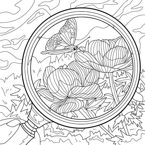 Looking at a butterfly and flowers through a magnifying glass