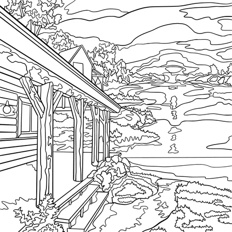Dusk Scenery of a Lakeside Cabin