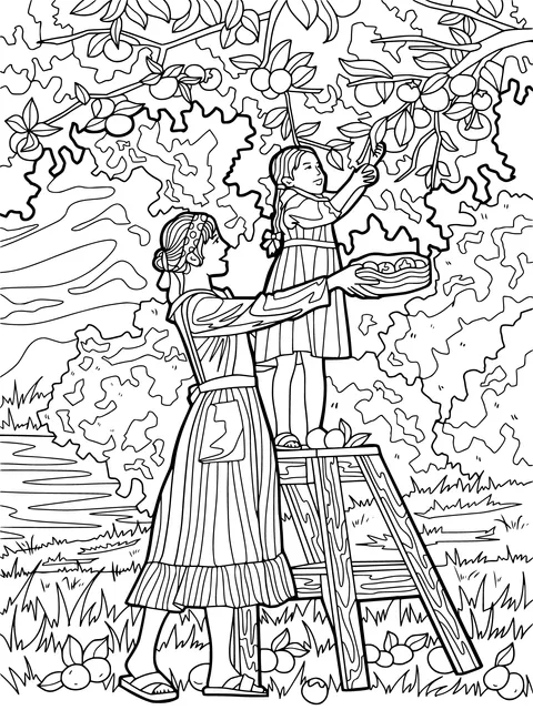 Mother and daughter picking oranges in the orchard