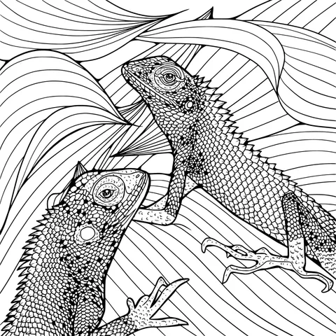 Two Lizards Among Green Leaves