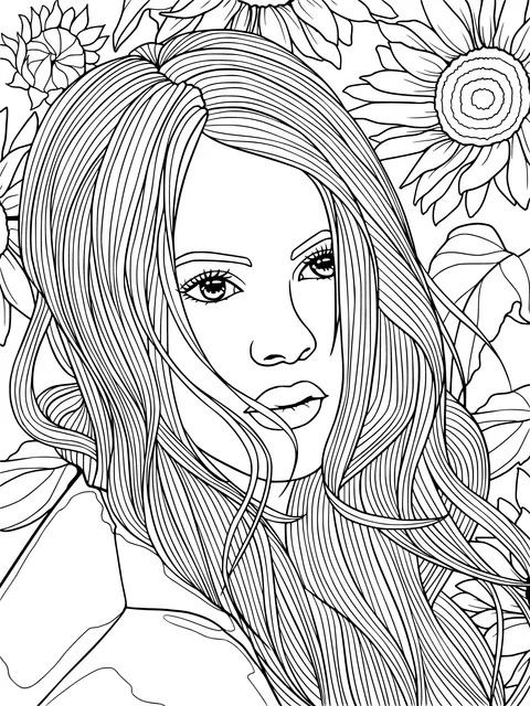Pink - haired woman beside sunflowers