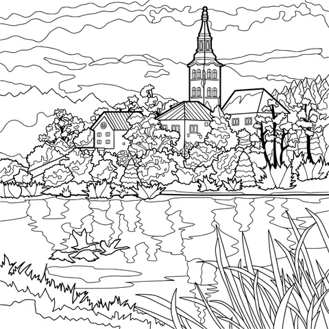 Beautiful Town by the Lake in Autumn