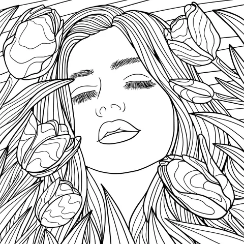 Dreamy Girl Surrounded by Tulips
