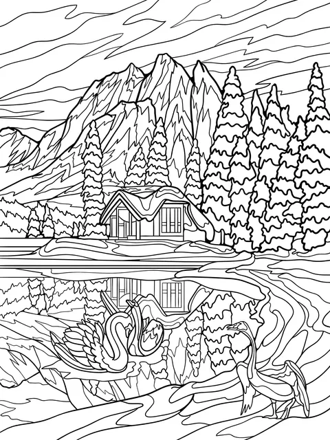 Cottage and Birds by the Mountain Lake