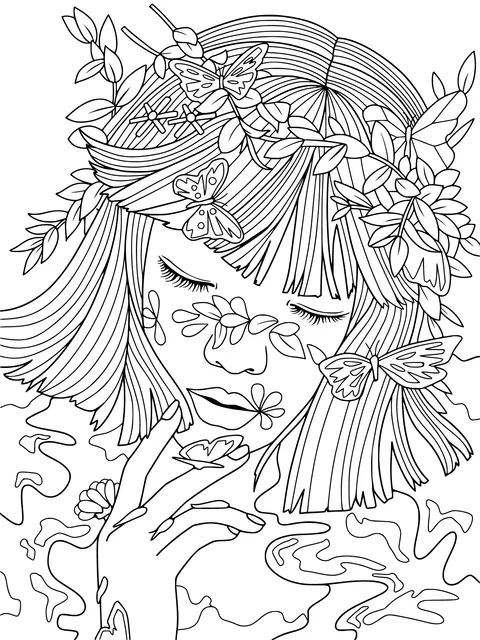 Dreamy Girl with Butterflies and Floral Ornaments