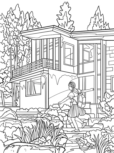 Girl walking cheerfully towards the house
