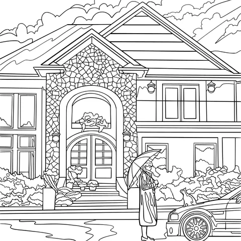 In Front of a Luxury House in the Rain
